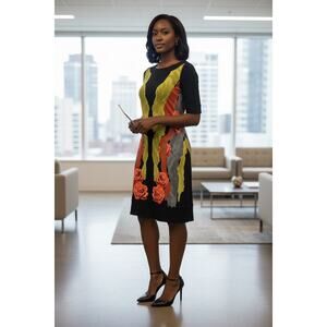 Eva Varro Floral Tunic Dress Size Medium 3/4 Sleeve Black Rose Print Office Fun